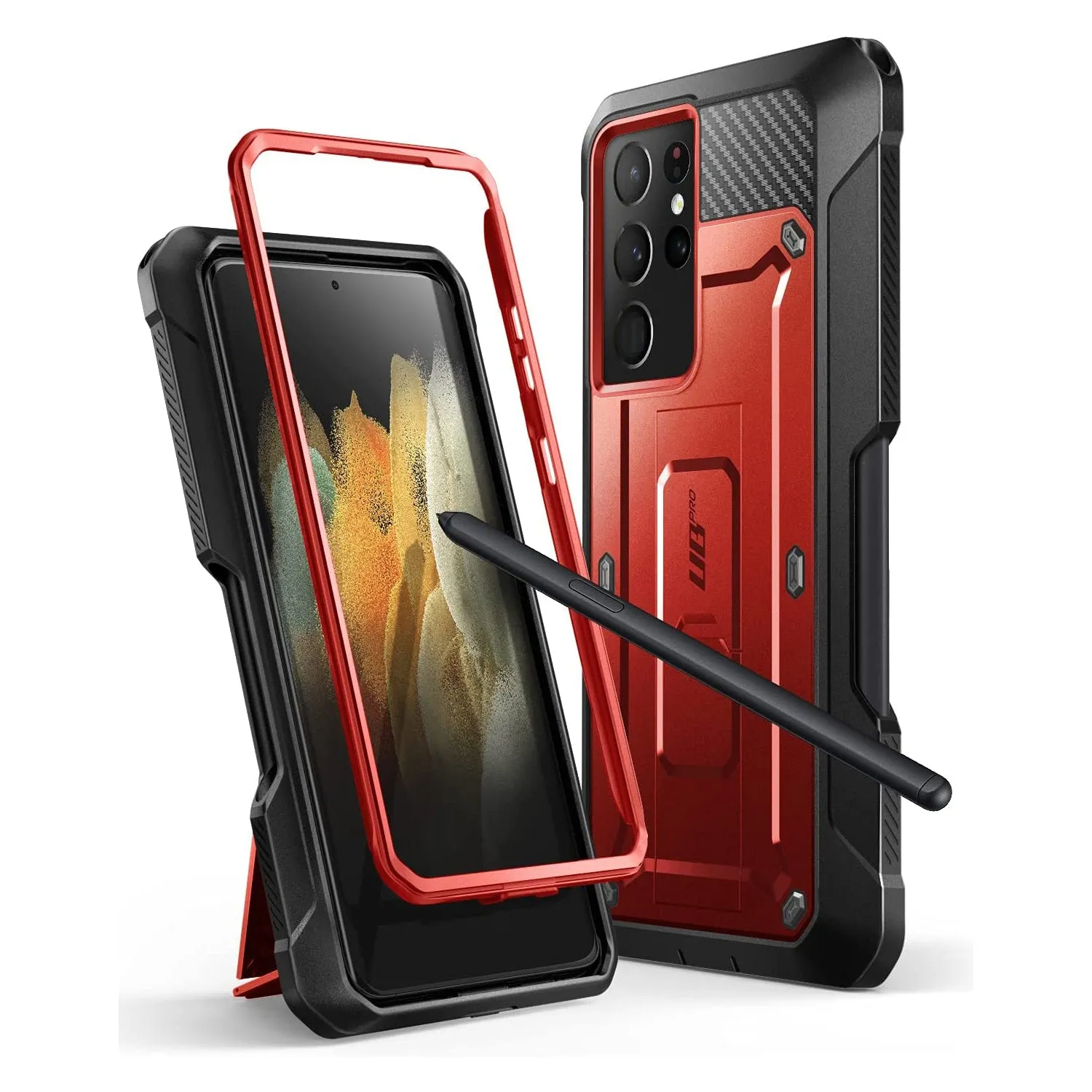 #1 Best Seller: Galaxy S21 Ultra Unicorn Beetle Pro Rugged Case with S-Pen Holder - Metallic Red  Almost Sold Out!