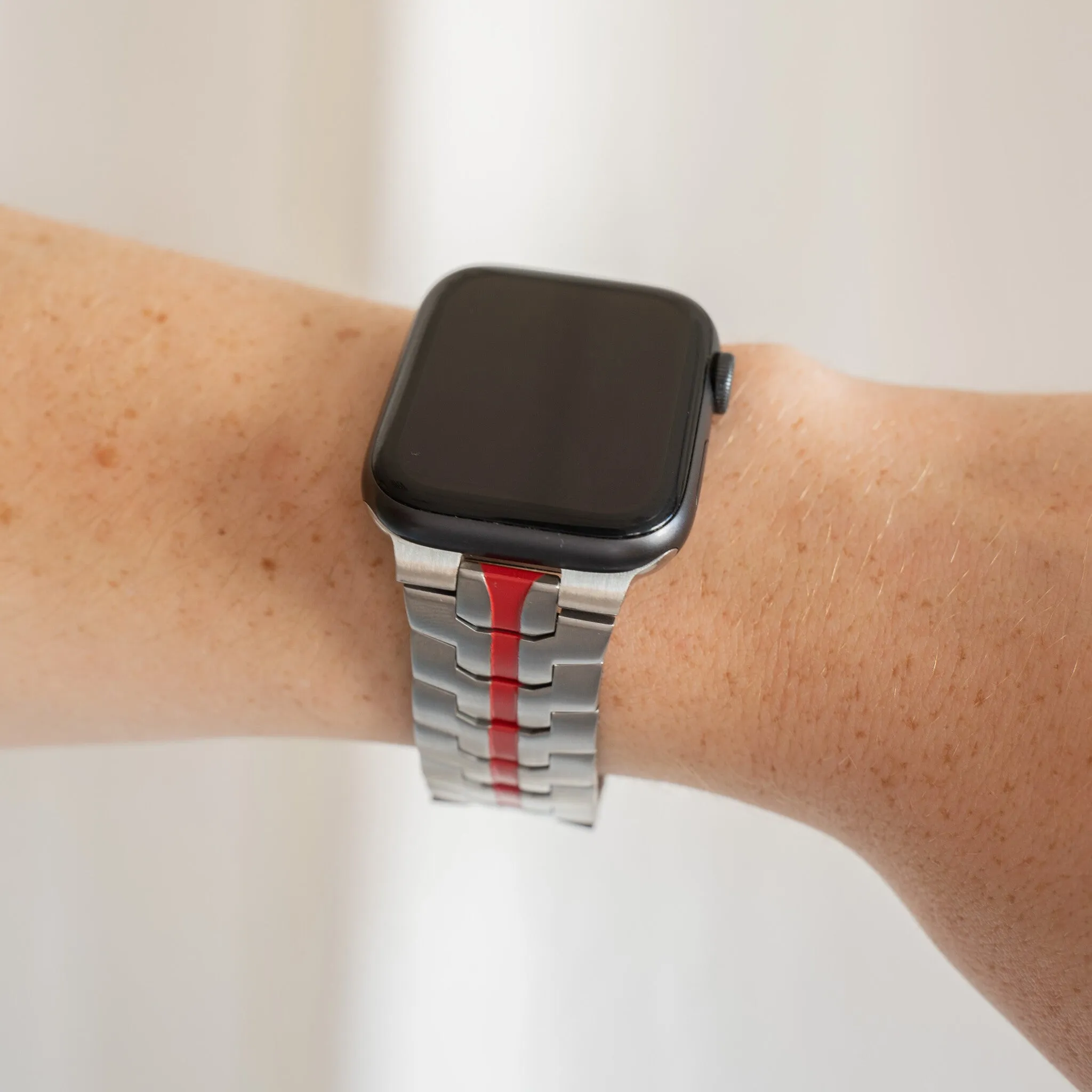 Affordable Luxury Apple Watch Steel Iron Strap (Silver/Red)  Limited Release!