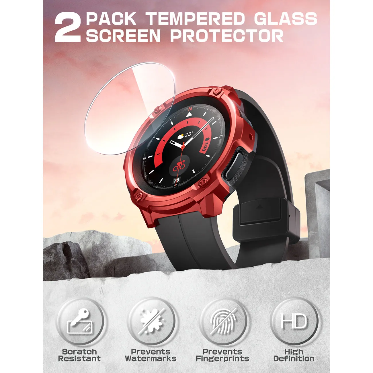Affordable Luxury Galaxy Watch5 Pro 45mm Unicorn Beetle Rugged Case with Glass Screen Protectors-Metallic Red  Ends Soon!