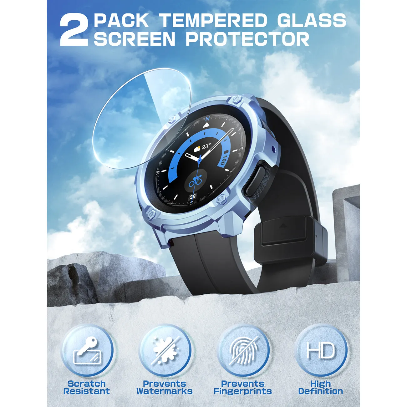 Bestseller Galaxy Watch5 Pro 45mm Unicorn Beetle Rugged Case with Glass Screen Protectors-Metallic Blue  Limited Release!