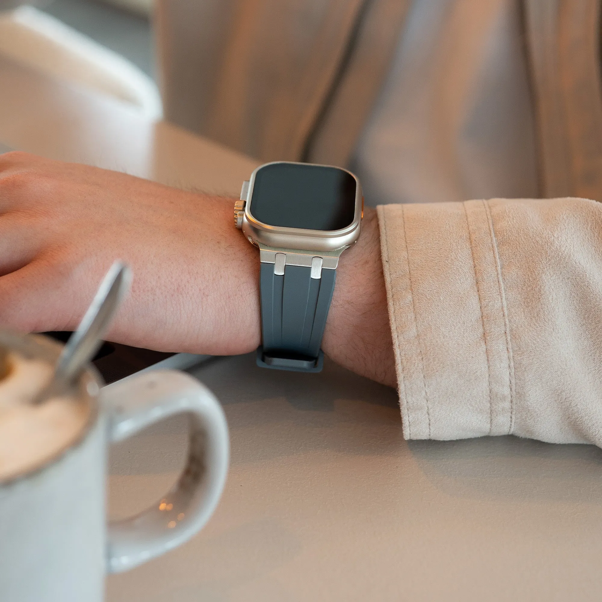 BestSelling Apple Watch Luxury Liquid Silicone Strap (Dark Grey/Silver)  Last Few Pieces!
