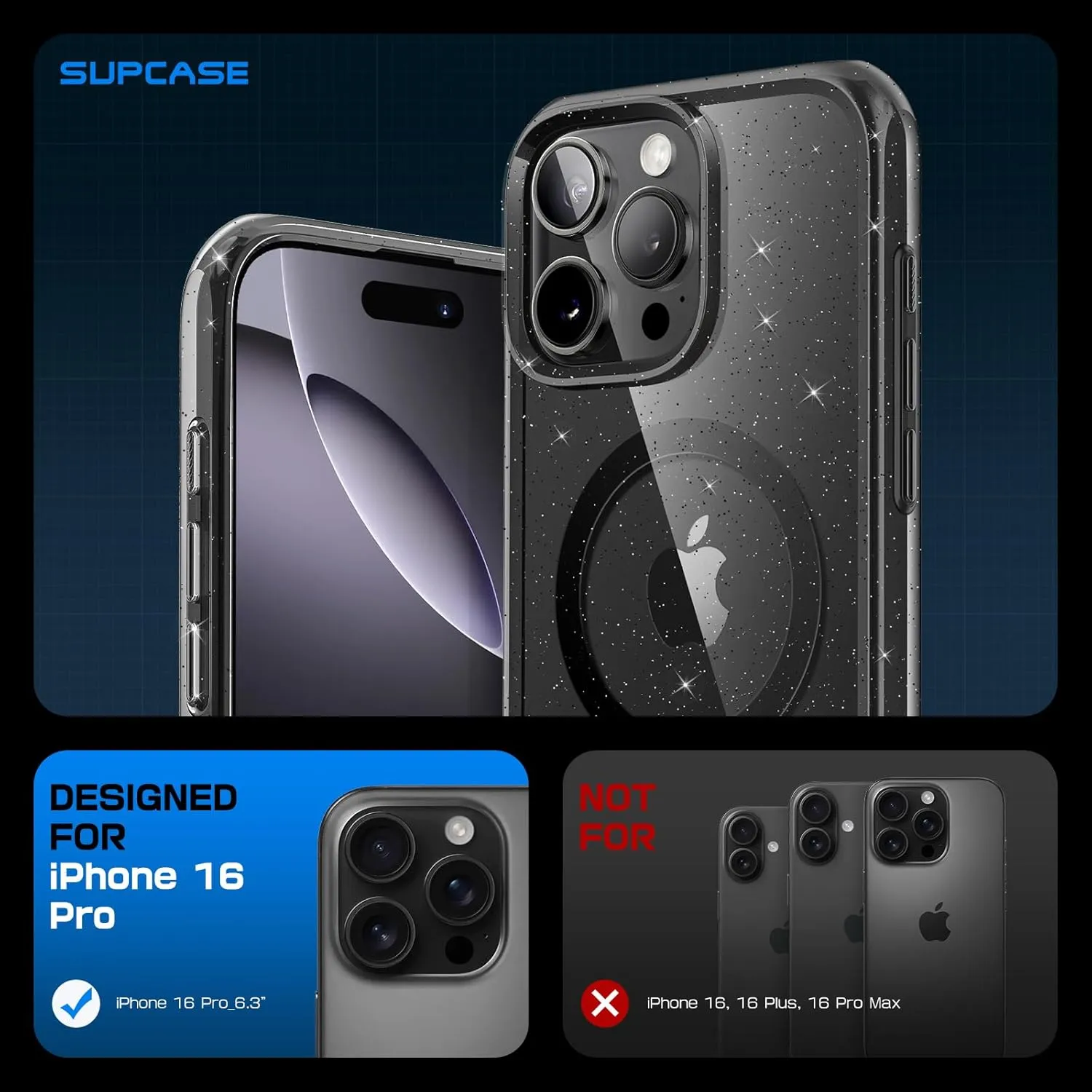 BestSelling iPhone 16 Pro 6.3 inch Unicorn Beetle MAG Slim Clear MagSafe Camera Control Button Case-Glitter Black  Stylish & Comfortable
