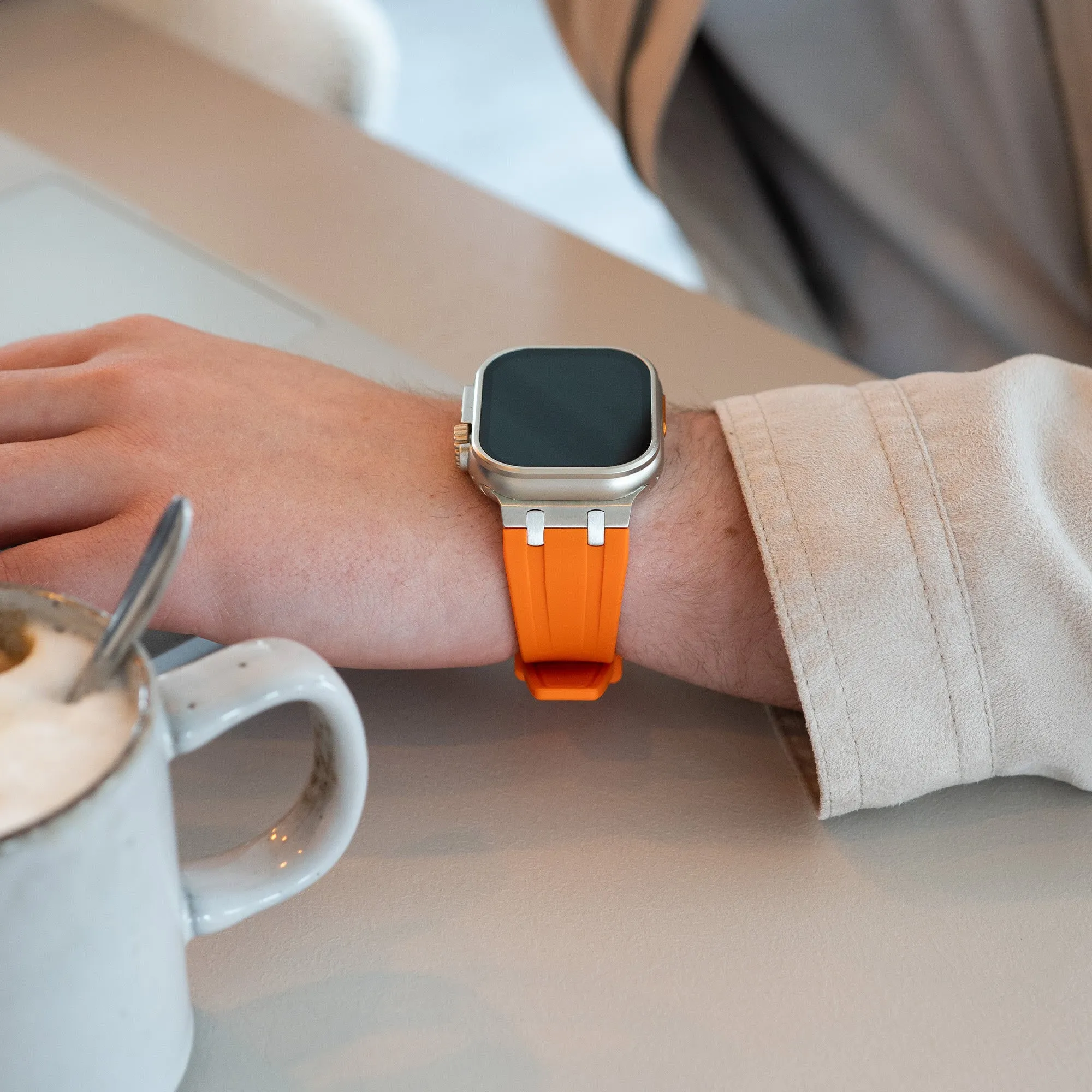 Editors Choice Apple Watch Luxury Liquid Silicone Strap (Orange/Silver)  Today Only!