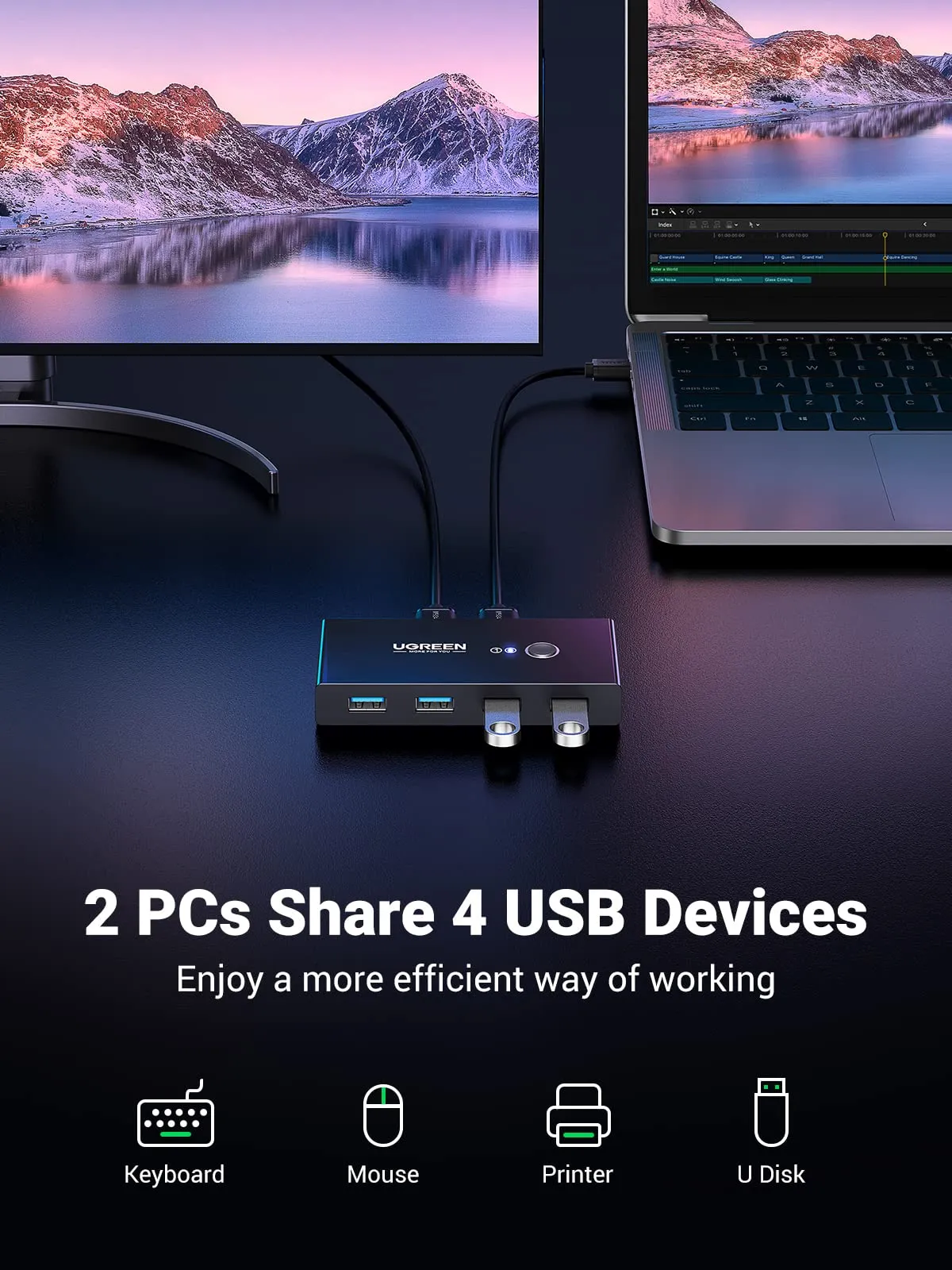Flash Sale! UGREEN USB 3.0 4-Port Switch With 2 Pack USB Male Cable  Today Only!
