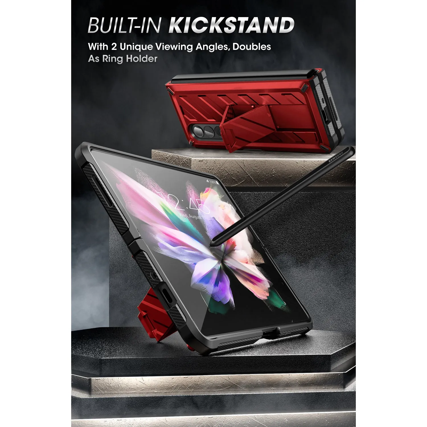Insta-Worthy Galaxy Z Fold3 Unicorn Beetle Kickstand Case with Screen Protector-Metallic Red  Today Only!