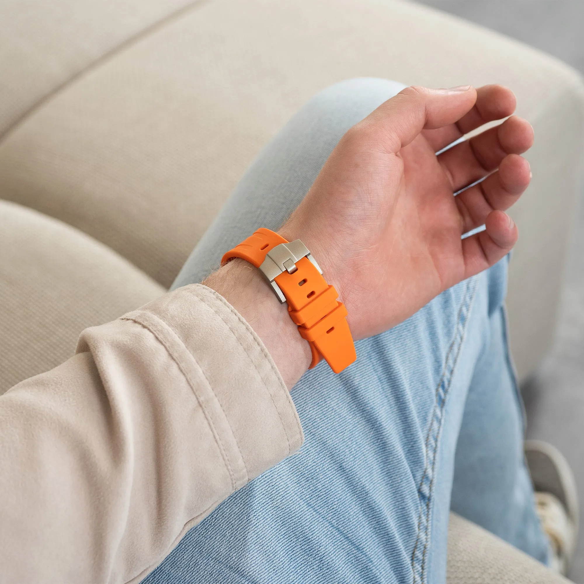 Premium Quality Apple Watch Luxury Liquid Silicone Strap (Orange/Titanium)  Stylish & Comfortable