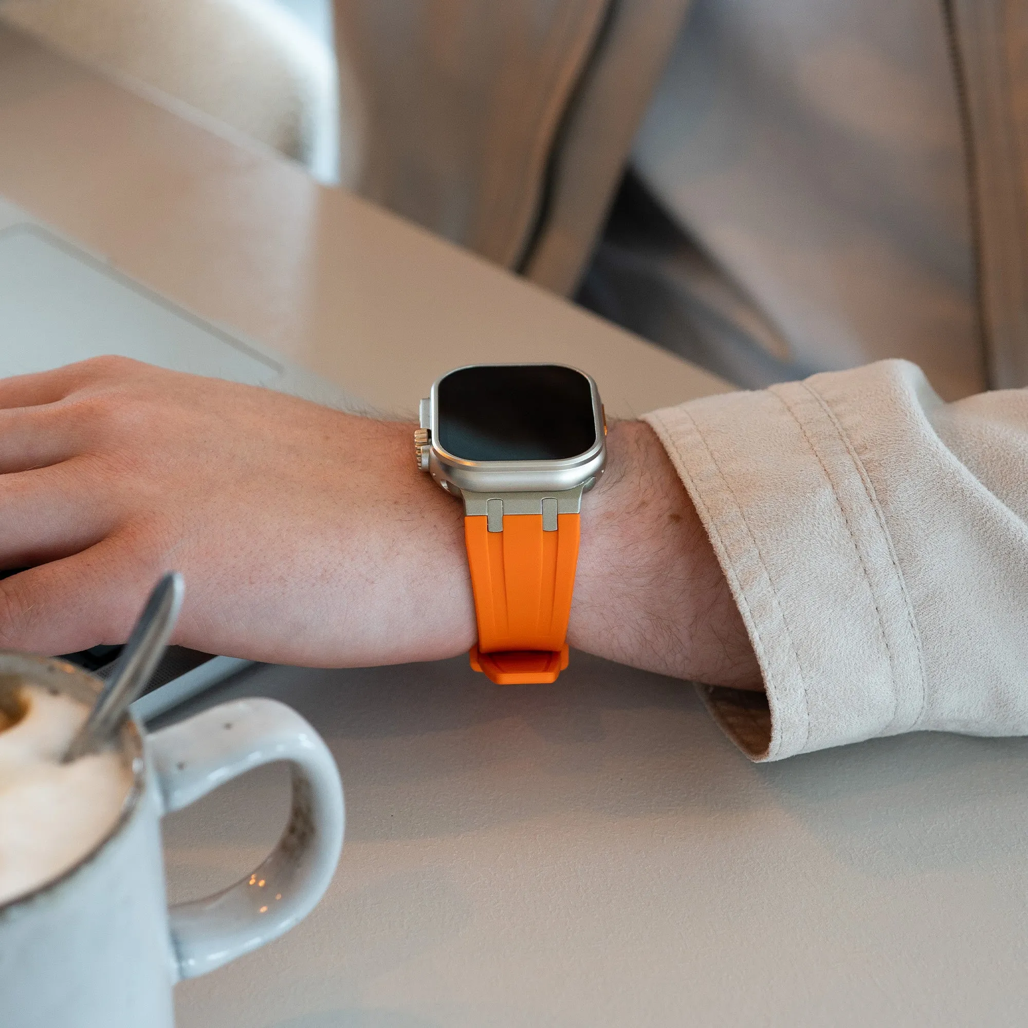 Premium Quality Apple Watch Luxury Liquid Silicone Strap (Orange/Titanium)  Stylish & Comfortable