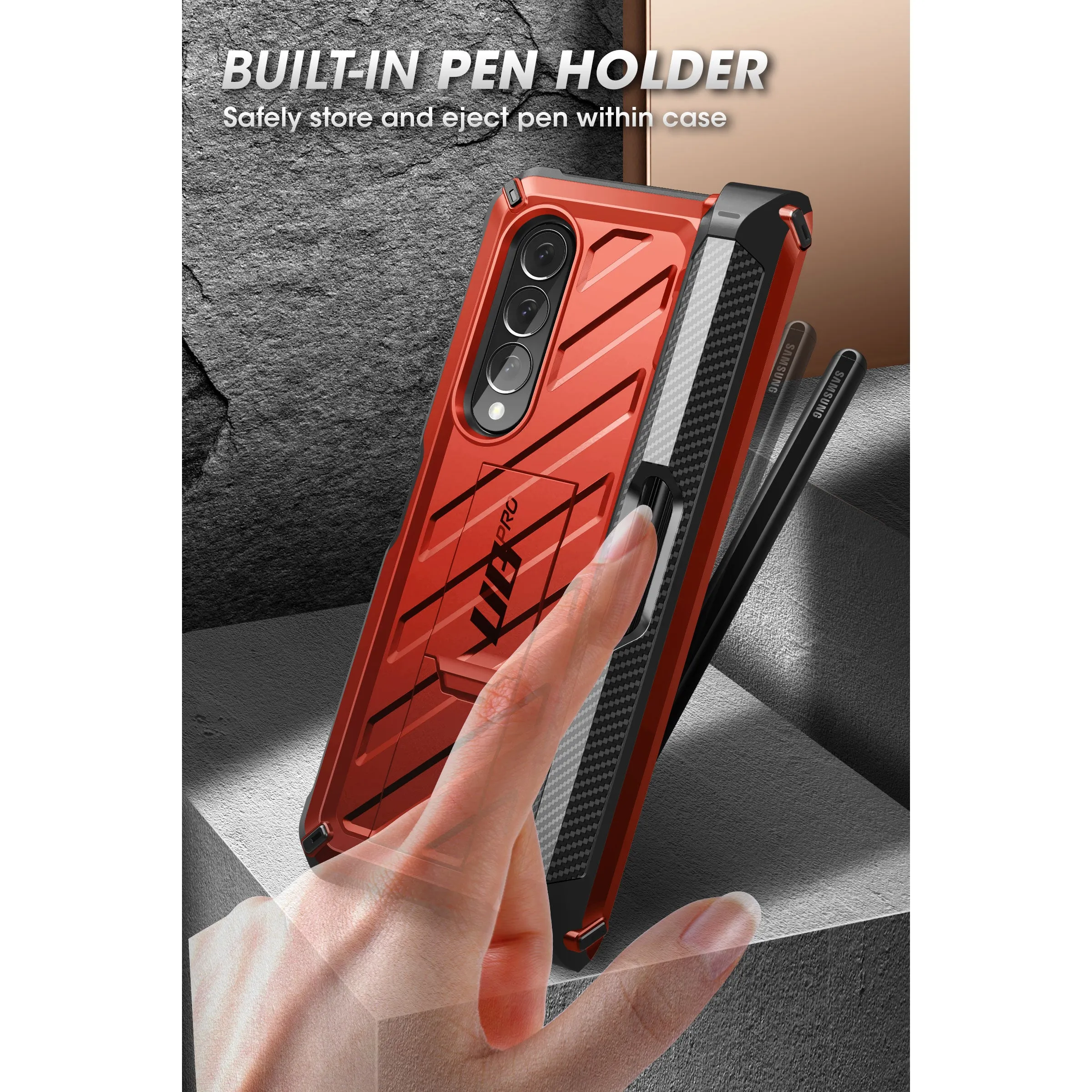 Premium Quality Galaxy Z Fold4 Unicorn Beetle PRO Rugged Case with S-Pen Holder-Metallic Red  Going Fast!