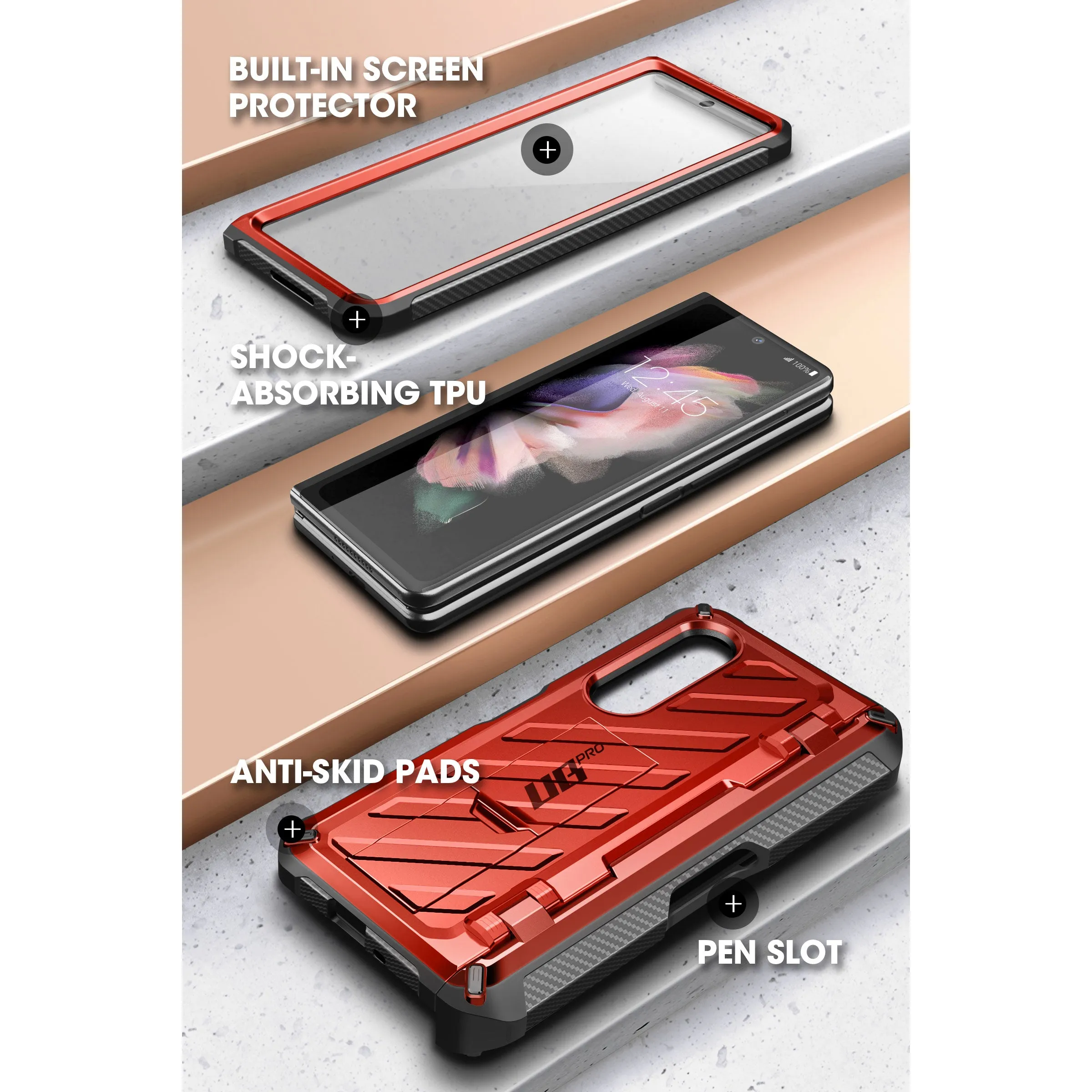 Premium Quality Galaxy Z Fold4 Unicorn Beetle PRO Rugged Case with S-Pen Holder-Metallic Red  Going Fast!