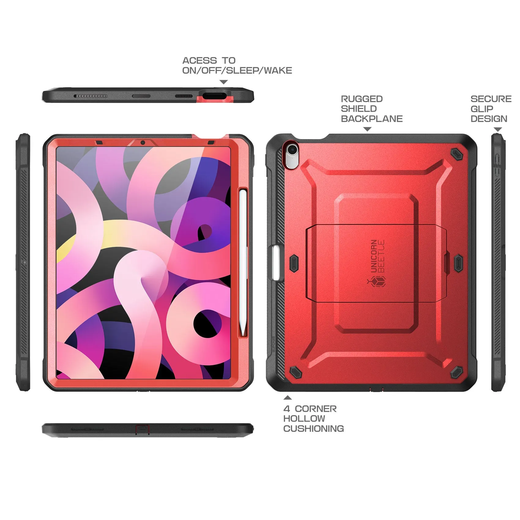 Top Rated iPad Air 4 / 5 Unicorn Beetle PRO Rugged Kickstand Case-Metallic Red  Limited Release!