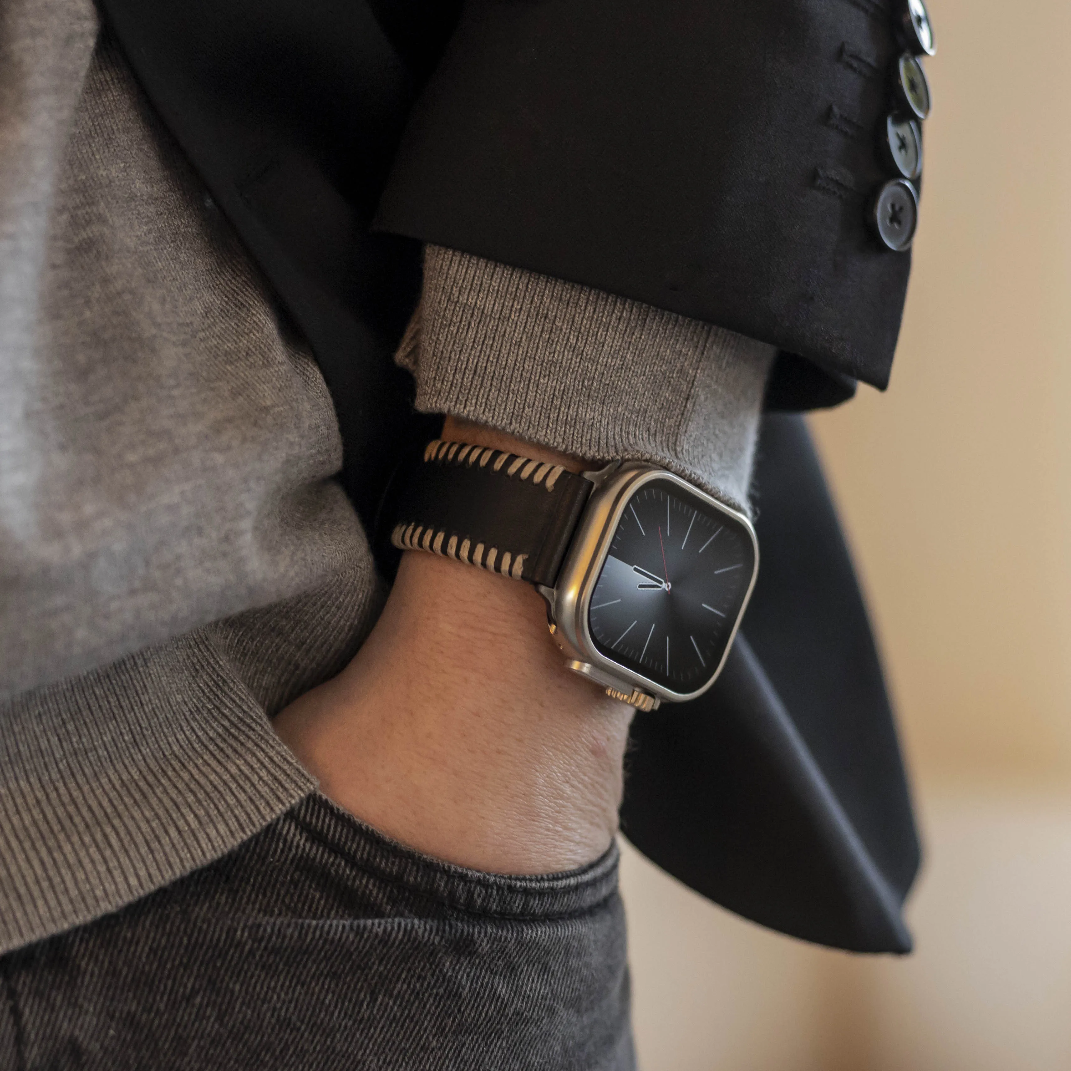 Trending Now Apple Watch Stitched Leather Strap (Black)  Almost Sold Out!
