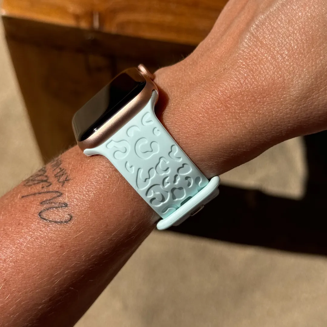Trendy 2025 xoxo Wildhearts Apple Watch Silicone Strap Leopard Print (Baby Blue)  Almost Gone!